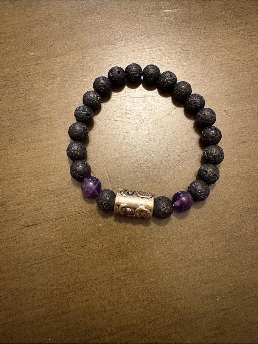 Lava Stone & Amethyst Beaded Bracelet with Silver Accent